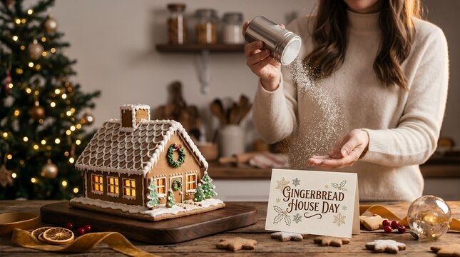 Traditional Gingerbread House Decorated With Royal Icing Surrounded By Christmas Elements