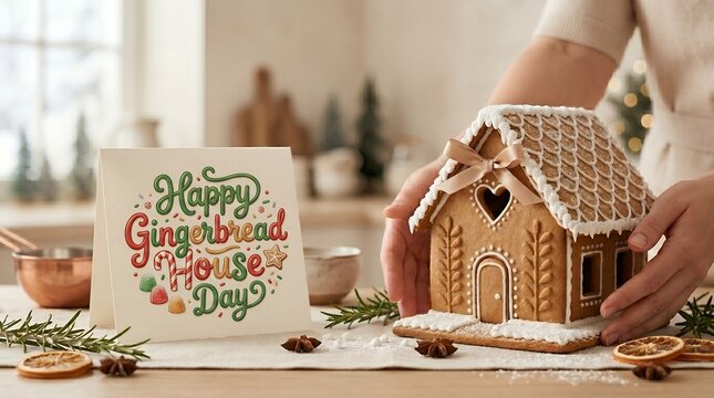 Festive Handcrafted Gingerbread House Celebration Display with Decorative Card