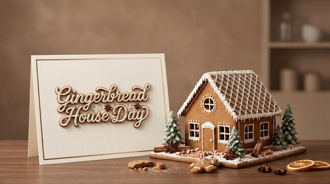 Deliciously Decorated Gingerbread House with Festive Greeting Card Display