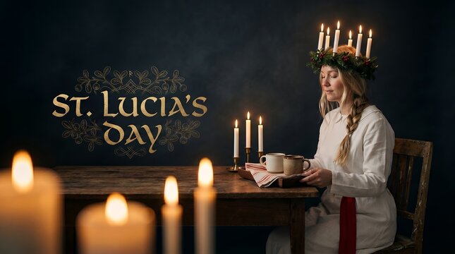 Festive Young Woman Wearing Candle Crown Celebrating St. Lucias Day Tradition With Warm Drinks