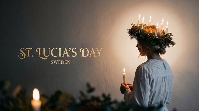 Traditional Swedish St Lucia Day Celebration with Candle Crown and Girl Holding Candle