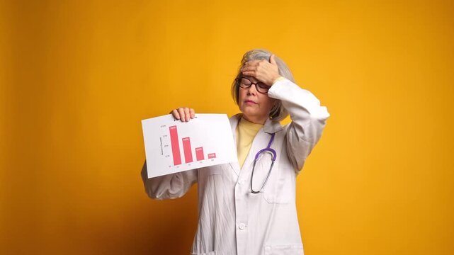Shocked female doctor holding printed report with declining bar chart on yellow background. Concept for bad statistics, medical loss, negative results, crisis, and budget cuts.