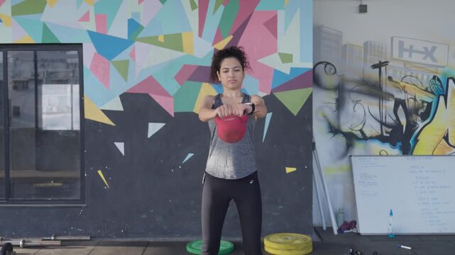 South Asian female athlete performs two handed kettlebell swings during a functional fitness workout. Push in and pull back tracking shot. Collection: WORKOUTSERIES2026.