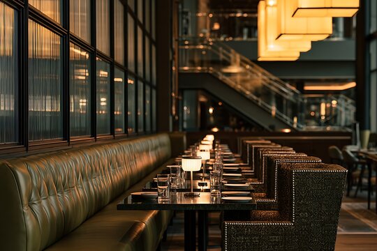 Elegant restaurant interior with green leather booth seating, warm ambient lighting, and modern table lamps in a sophisticated dining room setting