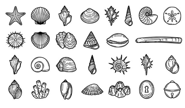 Scientific Marine Seashell Outline Vector Icon Set with Detailed Nautilus Conch Oyster Clam Starfish and Coastal Specimens