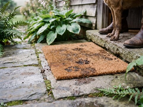 Paw print doormat and moss near rustic home threshold in morning light.