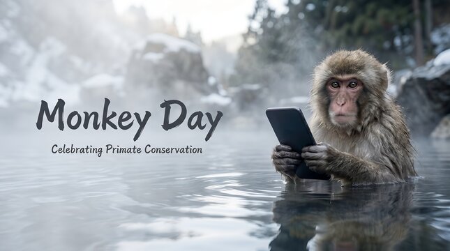 Snow Monkey Enjoying Hot Spring While Holding Smartphone Celebrating Primate Conservation