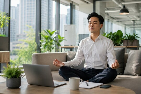 Businessman Practicing Meditation During a Work Break