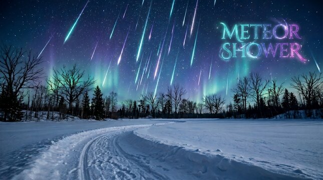 Dramatic Aurora Borealis Sky with Falling Meteor Shower Over Snowy Winter Landscape
