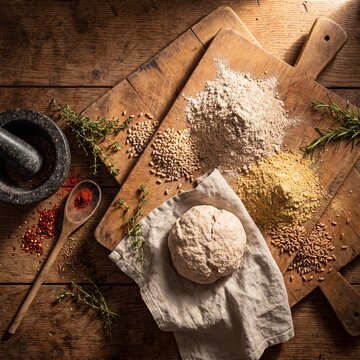 Rustic baking ingredients laid out on aged wood in an ancient monastery kitchen