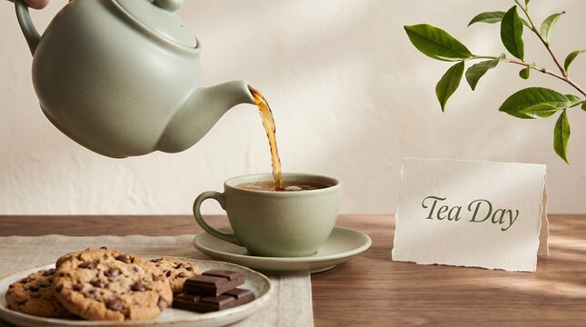 Warm Cozy Morning Beverage Pouring Tea into Cup with Cookies and Chocolate