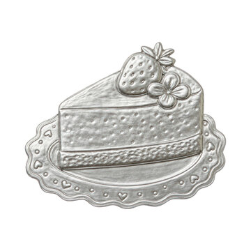 Silver cake slice illustration with strawberry, PNG, transparent background.