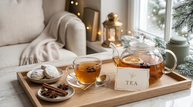 Cozy Winter Afternoon Tea With Freshly Baked Cookies and Spiced Hot Beverage on a Wooden Tray