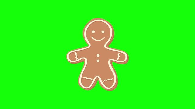 Doll gingerbread man Christmas. Xmas cookie snow icon sign, isolated on green screen. Vector cartoon animation. Holiday, illustration idea, party and celebration symbol. Decoration and ornaments.