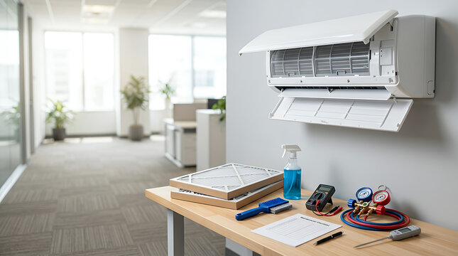 Air conditioning maintenance service tools on table.