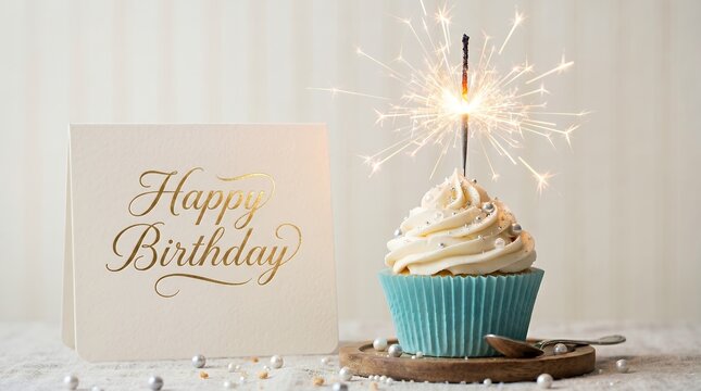 Festive Sparkling Cupcake With Happy Birthday Card And Silver Pearls Decoration