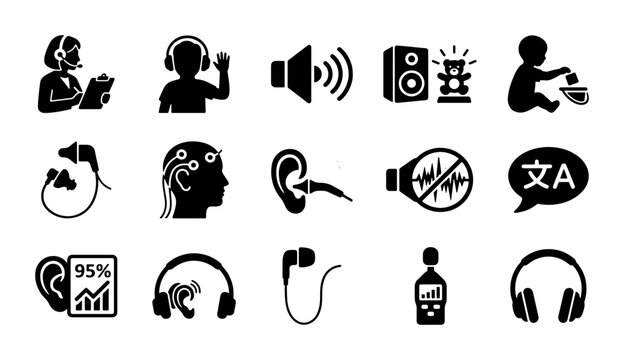 Audiology and hearing aid icons, 15 black vector symbols for ear health and sound testing, medical audiology equipment set