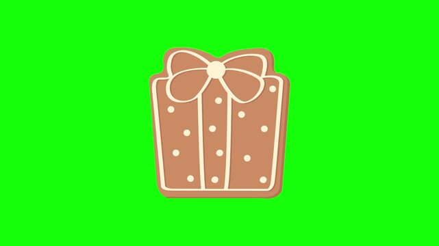gingerbread giftbox Christmas. Xmas gift box cookie snow icon sign, isolated on green screen. Vector cartoon animation. Holiday, illustration idea, party and decoration celebration symbol