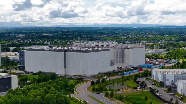 Aerial view of a large modern data center building