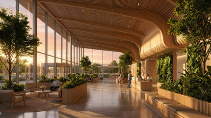 Fototapeta premium Biophilic Luxury Lobby with Sculptural Wooden Ceiling and Indoor Planting