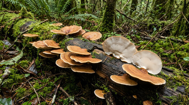 Bracket fungi growing on a mossy fallen log in a lush green forest
