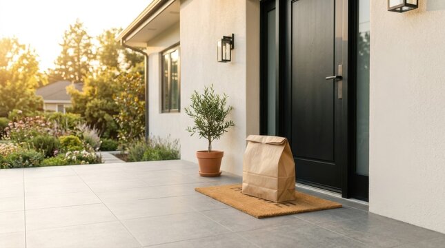 Home delivery service showcasing brown paper grocery bag left on front porch doormat of residential house