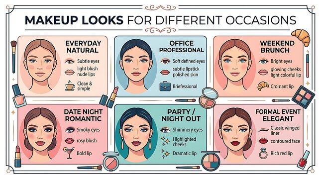 Diverse makeup looks guide for various social and professional events