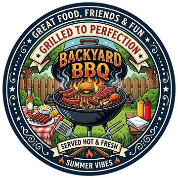 Retro backyard barbecue emblem with meat on a kettle grill