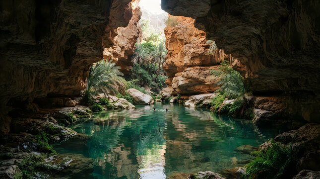 A hidden turquoise oasis pool inside a rocky canyon cave with palm trees and lush vegetation