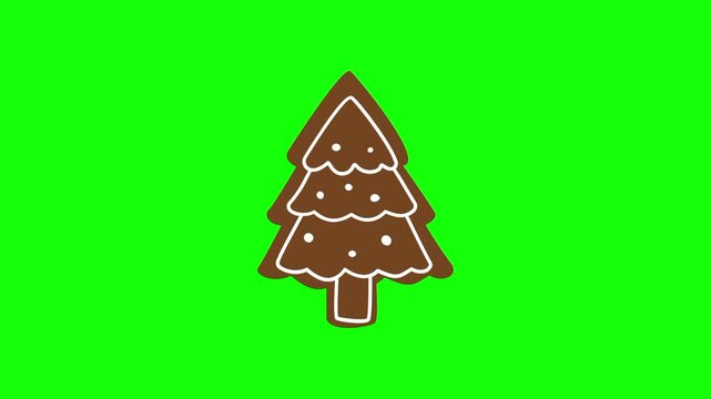 gingerbread tree Christmas. Xmas cookie snow icon sign, isolated on green screen. Vector cartoon animation. Holiday, illustration idea, party and celebration symbol. Decoration and ornaments.