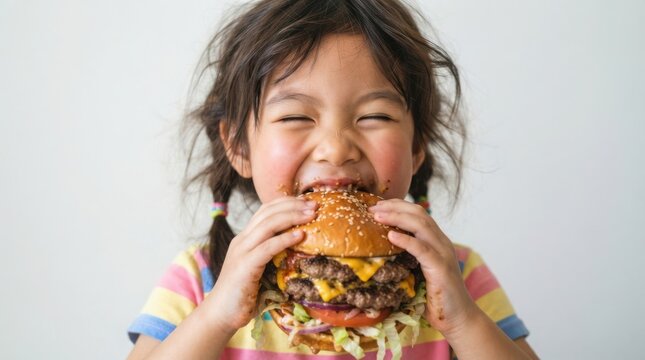 Hungry little girl eating a large double cheeseburger with great excitement