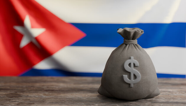 Cuban Economy: A bag of money with a dollar sign sits in front of the Cuban flag, symbolizing the country's economic landscape.