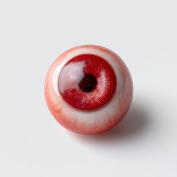 Realistic glass eye with red iris on white background.