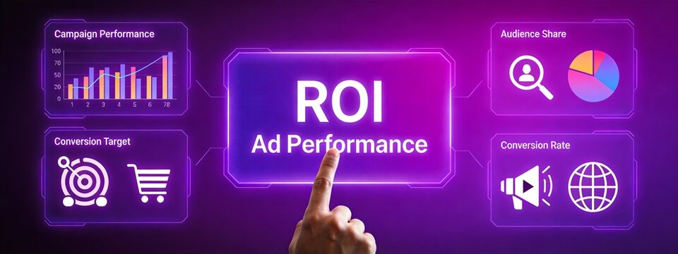 Wide Banner of Martech Founder Pointing at Holographic Ad Performance Dashboard at VC Roadshow
