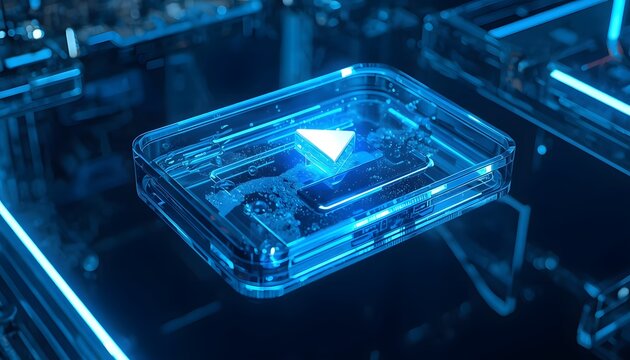 Futuristic transparent glass media player with glowing blue digital play button interface