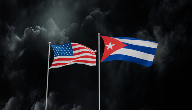 United States and Cuba Flags Against Stormy Sky