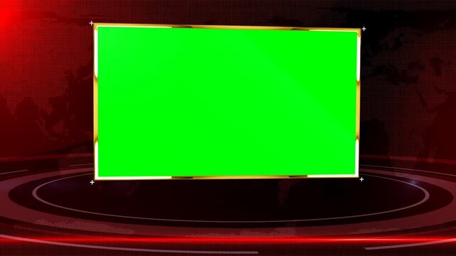 Breaking News Broadcast Studio Background with Green Screen Chroma Key Display Screen and Red World Map Motion Studio Layout