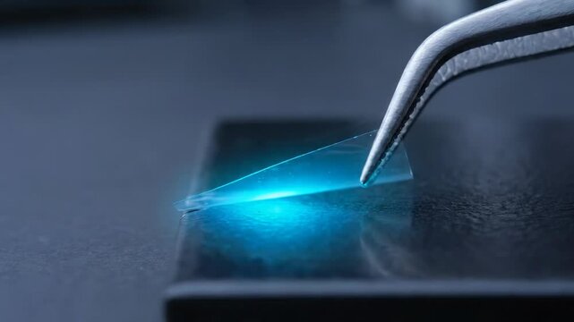 Nano film technology with tweezers on glass plate, black dark background, blue light, close up precision in science lab