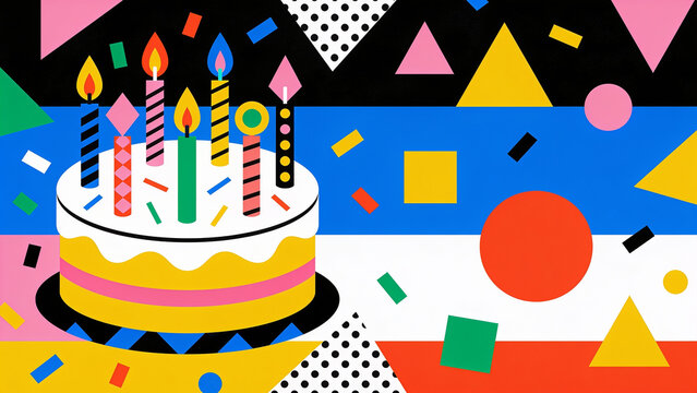 Memphis design vector illustration of a birthday cake with candles, confetti geometric shapes