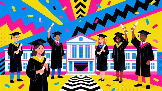 Memphis design vector illustration of a graduation scene with zigzag confetti background
