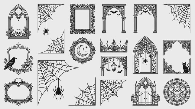 Gothic Halloween borders and frames vector set, spooky spiderweb corners and ornate arches, vintage occult design elements isolated on White Background