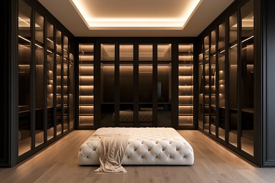 Spacious walkin closet with dark glassfront wardrobes, integrated led lighting, and a large tufted ottoman