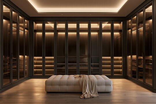 Luxury walkin closet interior with dark wooden glassfront cabinets, warm recessed lighting, and a tufted ottoman