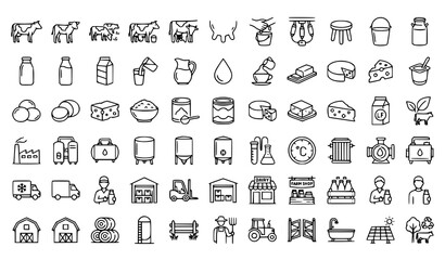 Fototapeta premium Dairy Farm Milk Production and Cheese Products Thin Line Icon Vector Set