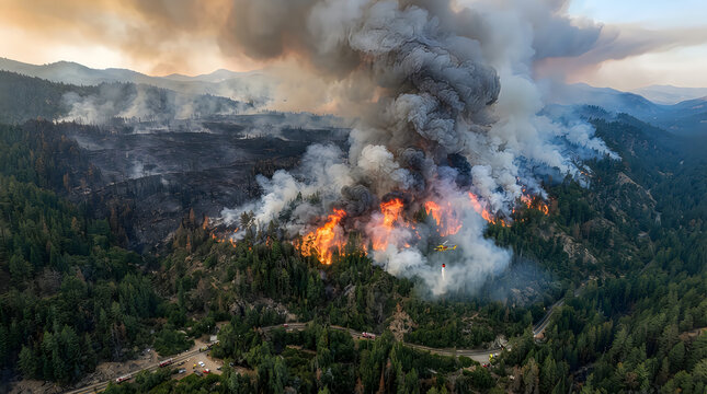 Aerial view of a massive forest fire with flames and thick smoke as a firefighting helicopter drops water on the blaze