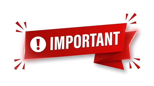 Red ribbon banner with important text and exclamation mark.