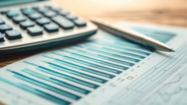 A detailed view of a financial report chart with an upward trend accompanied by a calculator and a pen resting on a wooden surface illustrating financial planning and analysis