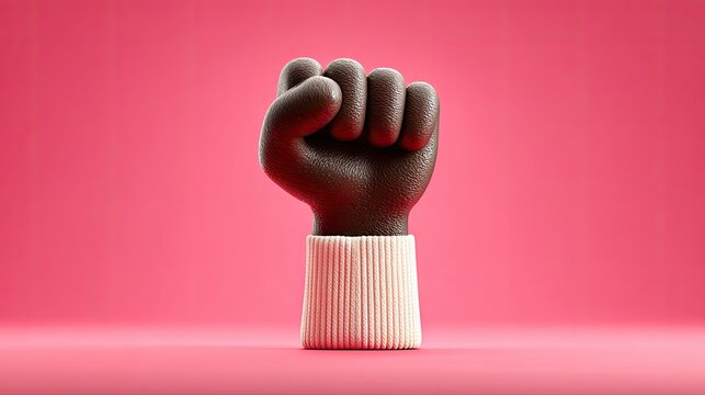 Dark hand in a light sleeve, raised fist against pink