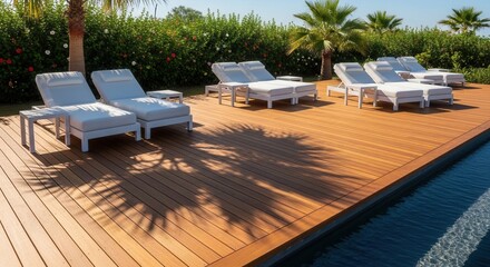 Fototapeta premium Luxury Resort Poolside Loungers Amidst Tropical Greenery And Sunlight