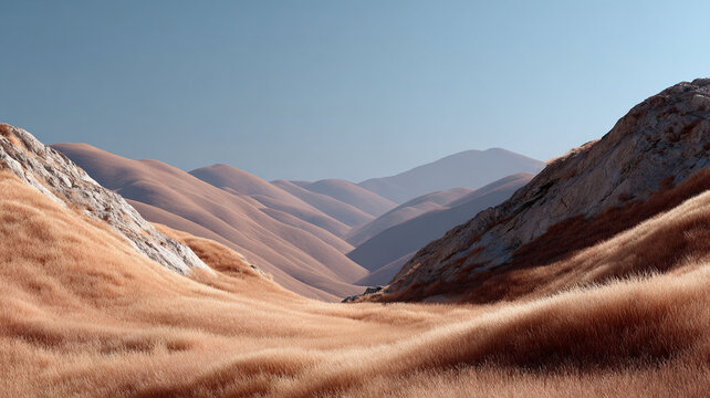 Minimalist landscape grass hill valley eco friendly nature dry grass peaceful mountain under clear blue sky with warm earth tone